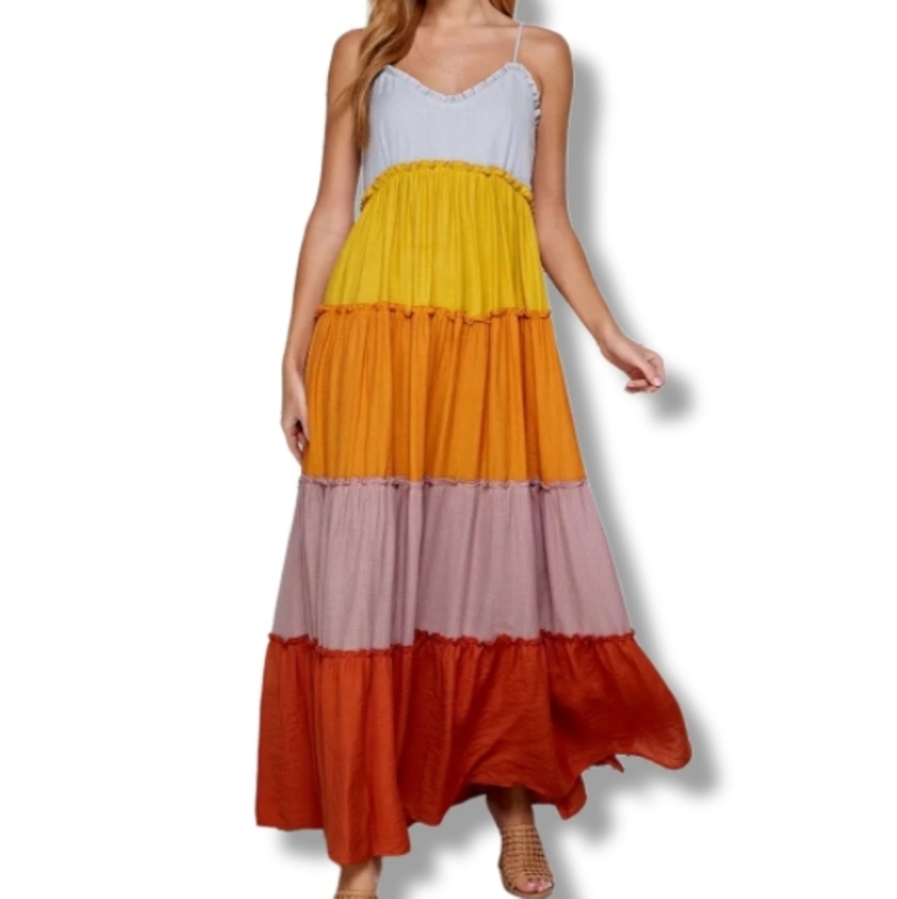 TIERED Multi-Colour Block Gauzy Maxi Dress